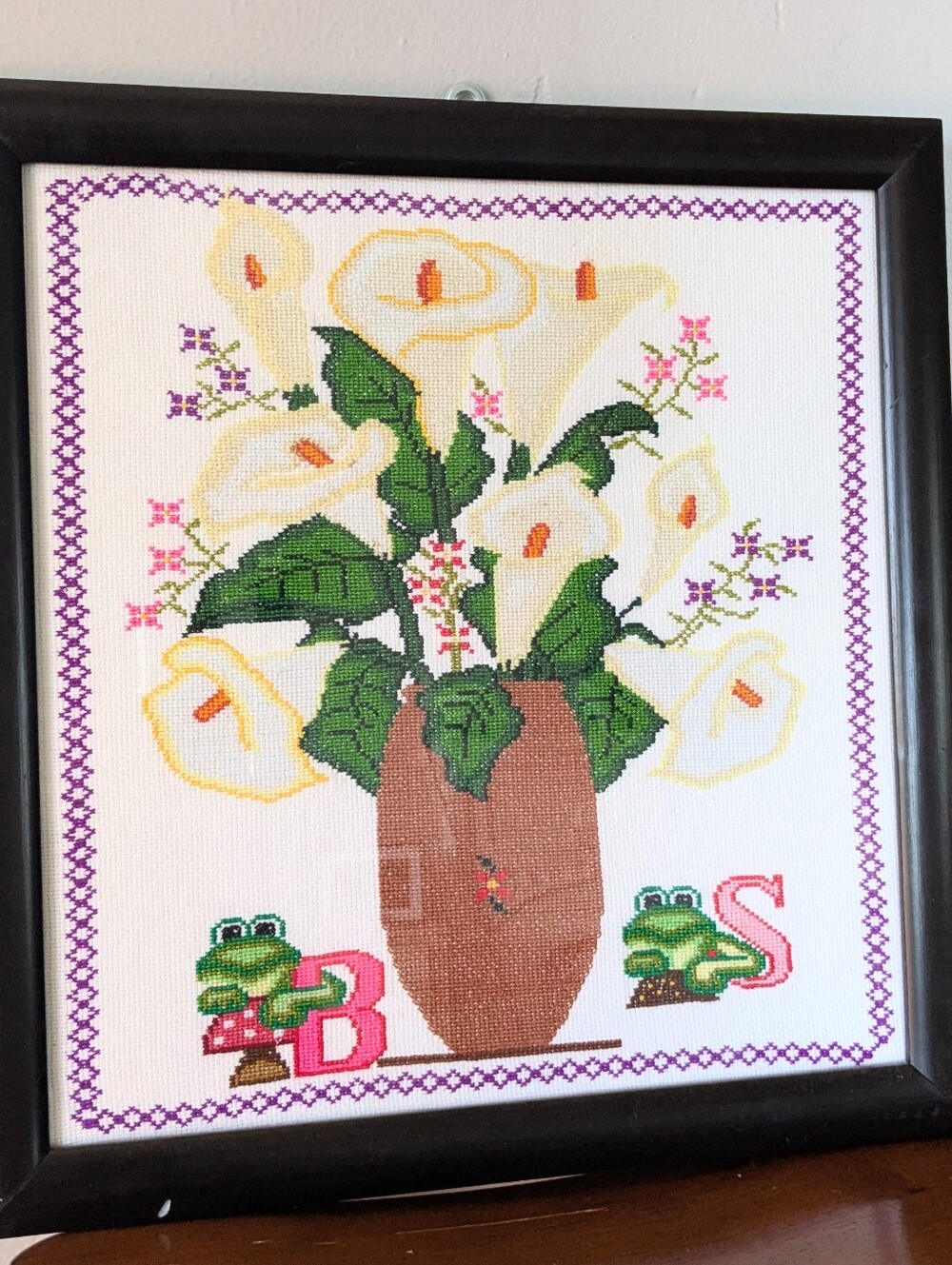 Whimsical Framed Embroidery | Frogs, Calla Lilies & Mushrooms | 19"x18"